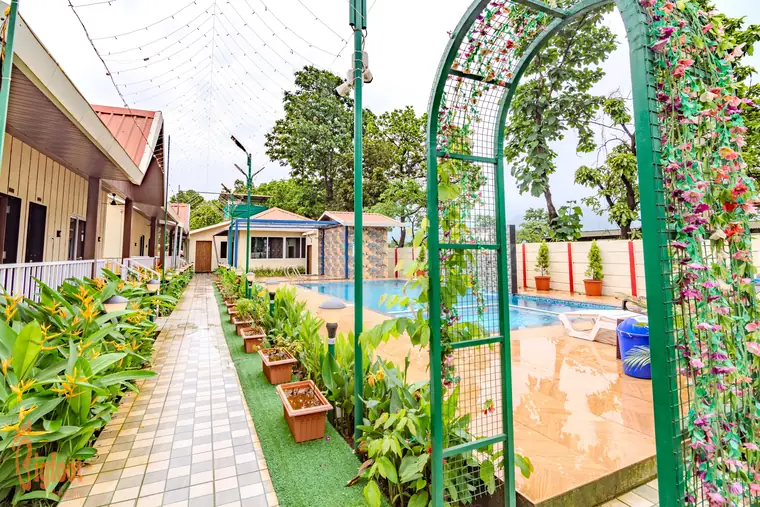 Landscaped lawn at JS Farm Resort, Karjat